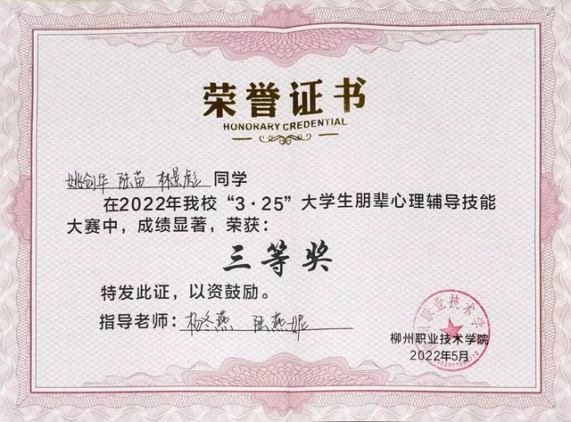 大学生朋辈心理辅导三等奖