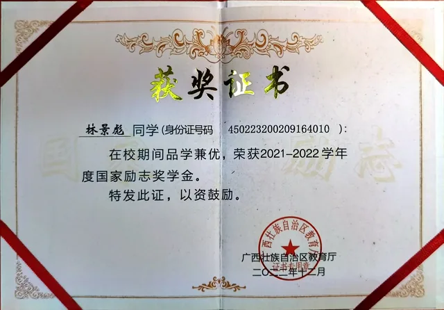 国家励志奖学金证书